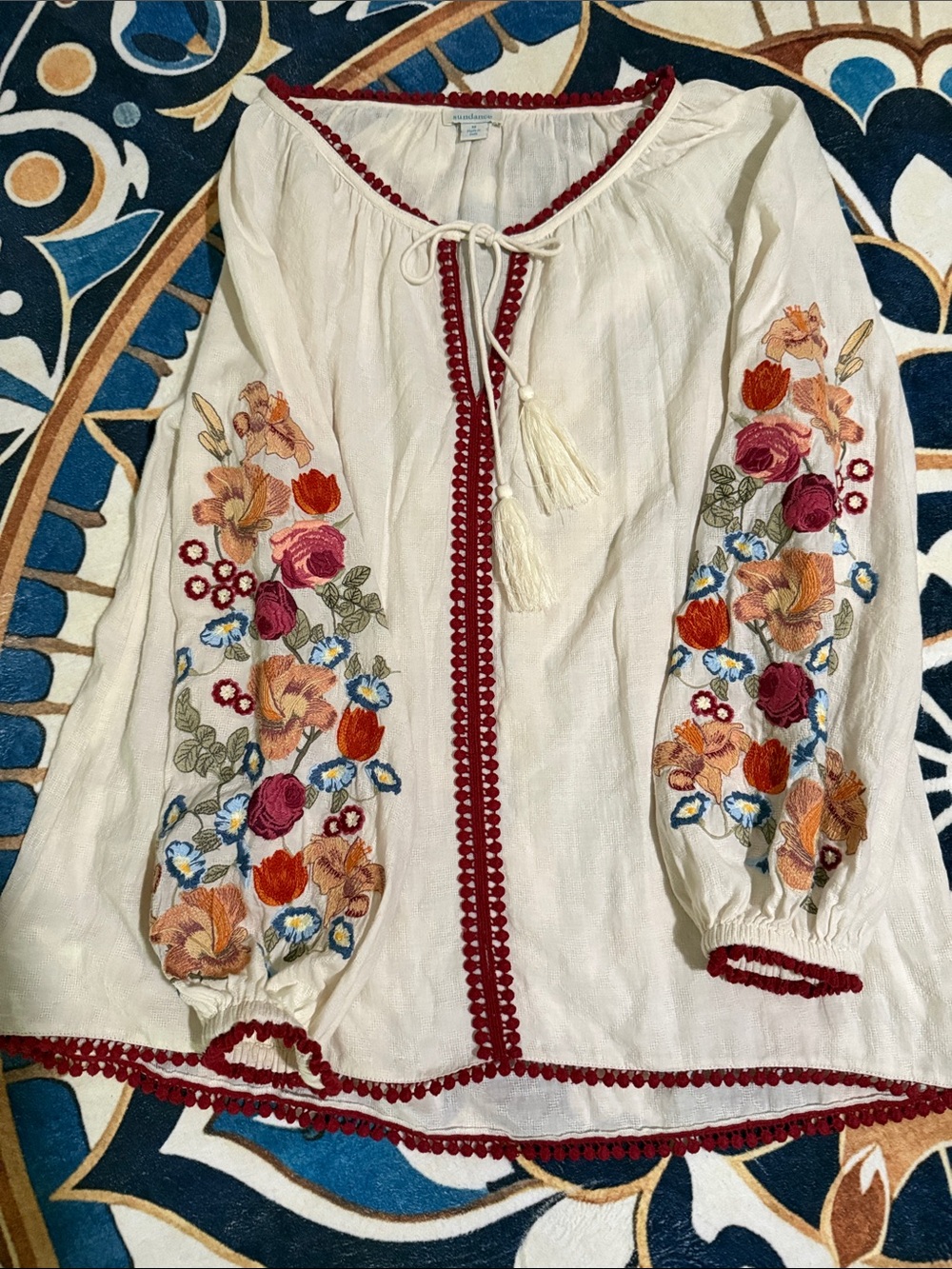 Sundance Cream Embroidered Peasant Blouse with Red Trim